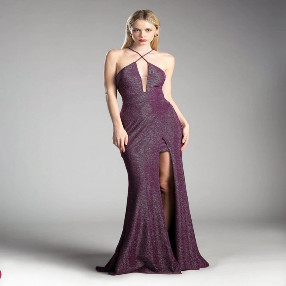 Metallic Sheath Dress with Leg Slit and Open back By Cinderella Divine -Purple